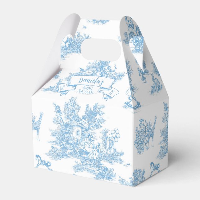 Blue and White Toile de Jouy Baby Shower Presentaskar (Framsidan Sidan)