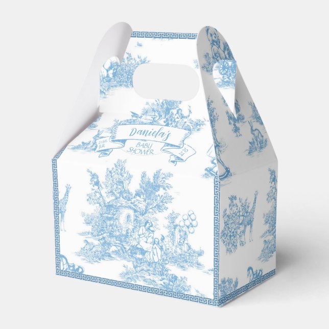 Blue and White Toile de Jouy Baby Shower Presentaskar (Framsidan Sidan)