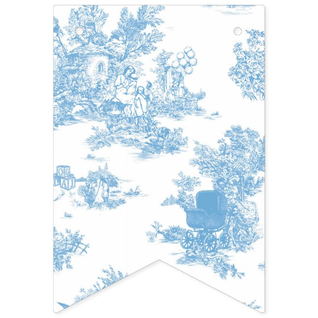 Blue and White Toile de Jouy Baby Shower Vimplar (Elfte flaggan)