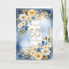 Blue and White Watercolor 50th Wedding Anniversary Kort