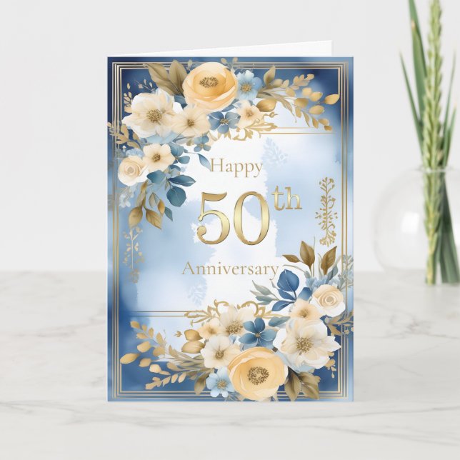 Blue and White Watercolor 50th Wedding Anniversary Kort (Framsida)