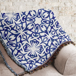 Blue and White Watercolor Spanish Tile Pattern Filt