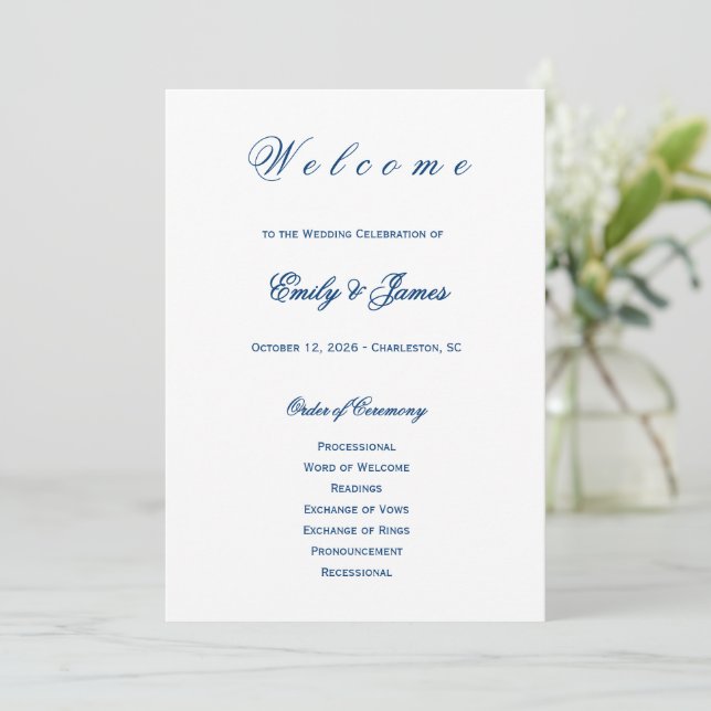 Blue and White Wedding  Program (Stående Fram)