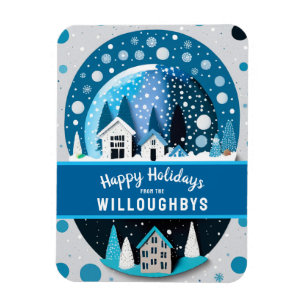 Blue and White Winter Wonderland Houses Snö Globe Magnet