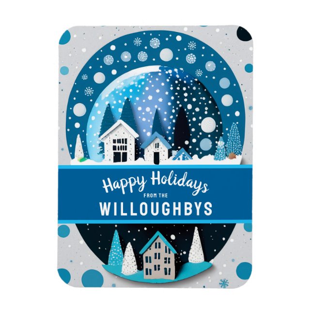 Blue and White Winter Wonderland Houses Snö Globe Magnet (Vertikal)
