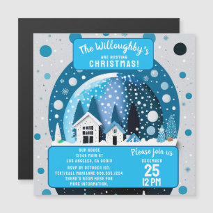 Blue and White Winter Wonderland Houses Snö Globe Magnetisk Inbjudningskort