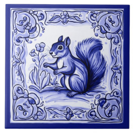 Blue and White Woodland Squirrel Folk Animal Art Kakelplatta