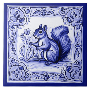 Blue and White Woodland Squirrel Folk Animal Art Kakelplatta
