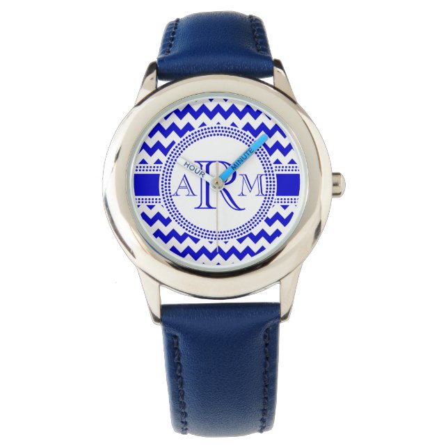 Blue and White ZigZag Chevron Monogram Armbandsur (Framsida)