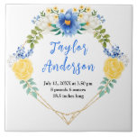 Blue and Yellow Floral Baby Birth Stats Kakelplatta<br><div class="desc">This fun and whimsical tile features watercolor blue, yellow and white flowers with foliage on a gold geometric frame. The text combines handwritten script and serif fonts for a stylish and modern look. It can be personalized with your baby's birth stats, such as name, size, date and time of birth,...</div>