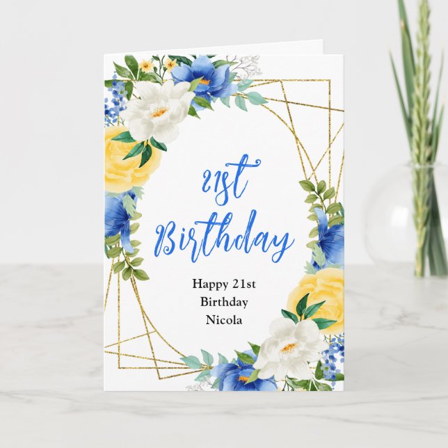 Blue and Yellow Floral Birthday Kort (Framsida)