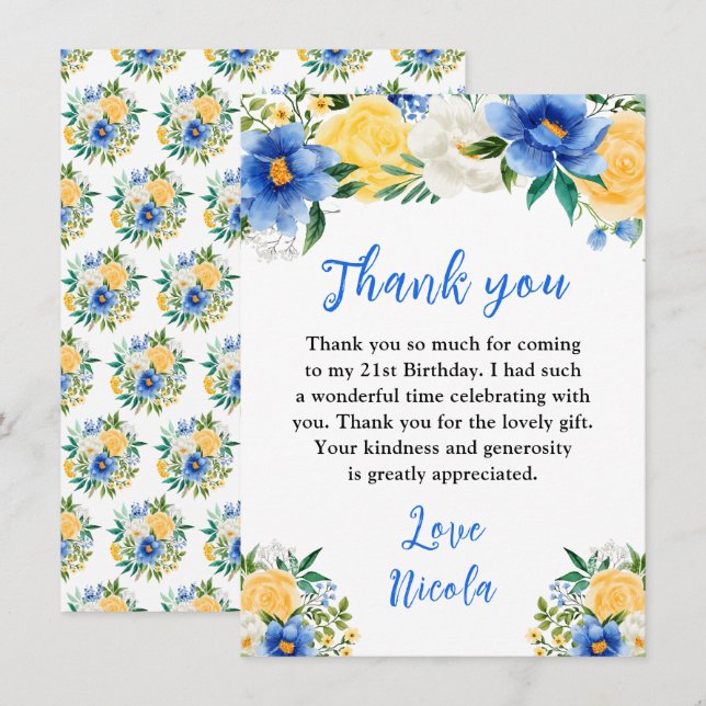 Blue and Yellow Floral Birthday Tack Kort (Fram/baksida)