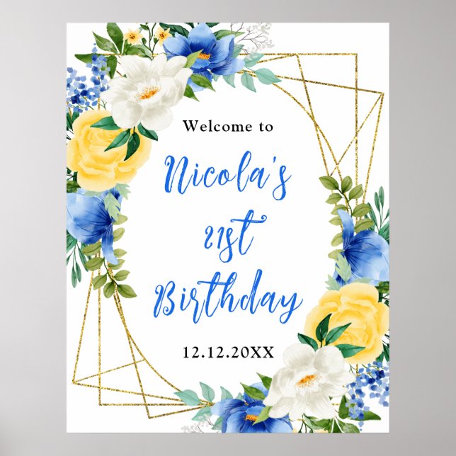 Blue and Yellow Floral Birthday Welcome Poster (Framsidan)