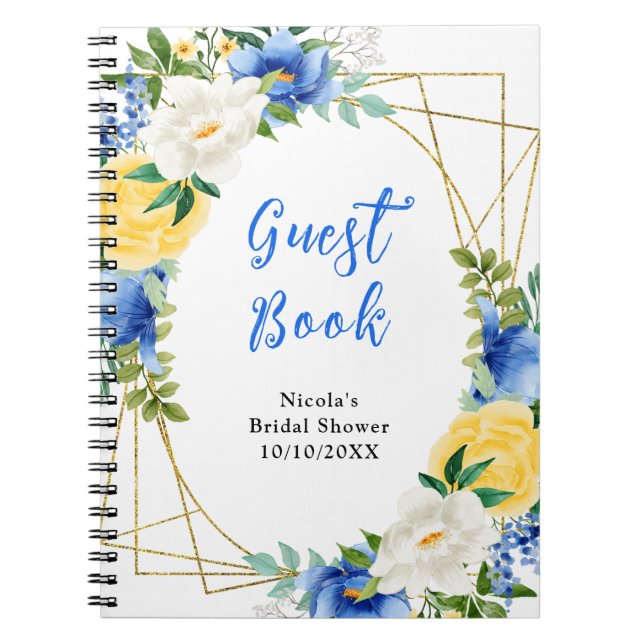 Blue and Yellow Floral Bridal Shower Guest Book Anteckningsbok (Framsidan)