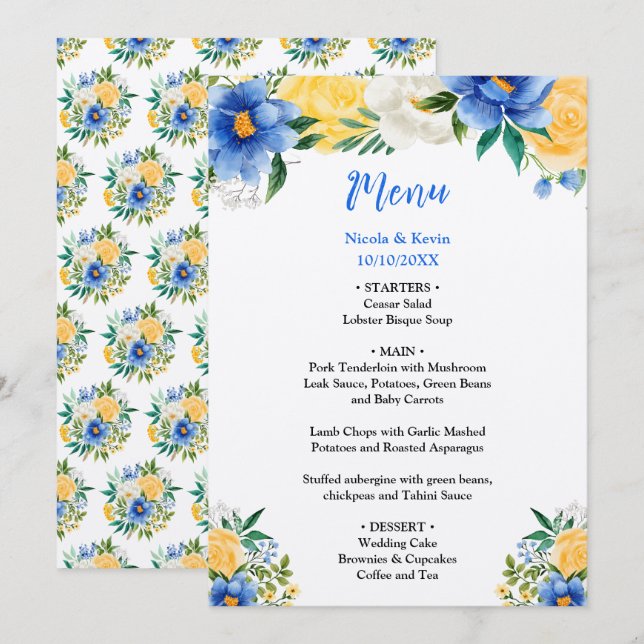 Blue and Yellow Floral Wedding Meny (Fram/baksida)