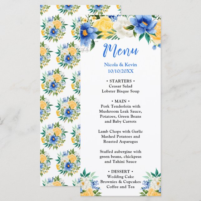 Blue and Yellow Floral Wedding Meny (Fram/baksida)