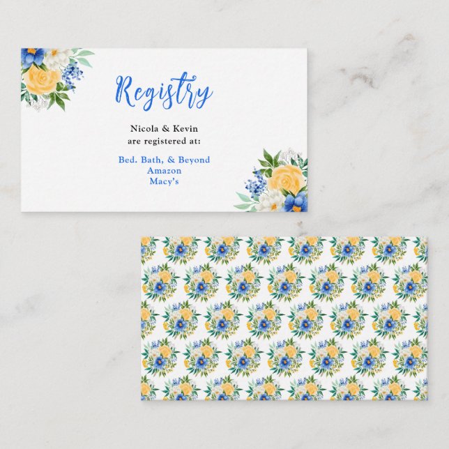 Blue and Yellow Floral Wedding Registry Tilläggskort (Fram/baksida)