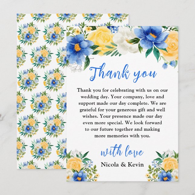 Blue and Yellow Floral Wedding Tack Kort (Fram/baksida)