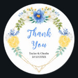 Blue and Yellow Floral Wedding Thank You Runt Klistermärke<br><div class="desc">This beautiful and elegant wedding thank you sticker features watercolor blue,  yellow and white flowers with foliage on a gold geometric frame. The text combines handwritten script and serif fonts for a stylish and modern look. This is perfect for a spring or summer rustic wedding.</div>