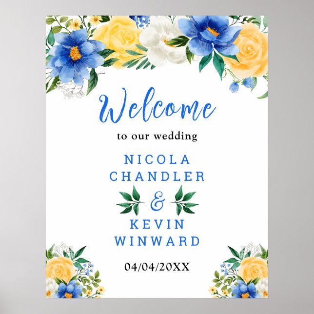Blue and Yellow Floral Wedding Welcome Sign Poster (Framsidan)