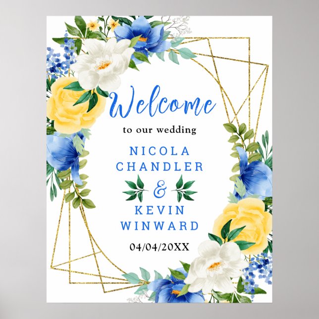 Blue and Yellow Floral Wedding Welcome Sign Poster (Framsidan)