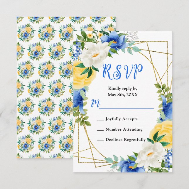 Blue and Yellow Flowers with Foliage Wedding OSA Kort (Fram/baksida)