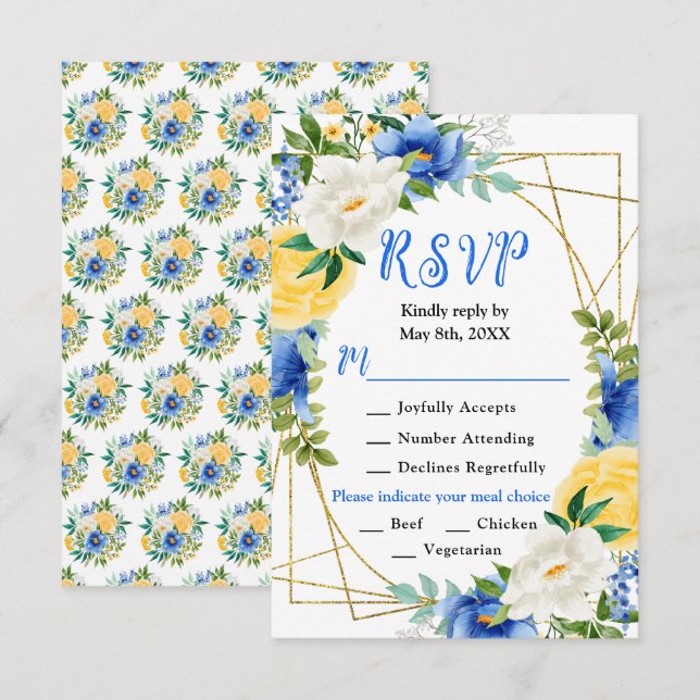 Blue and Yellow Flowers with Foliage Wedding OSA Kort (Fram/baksida)