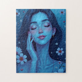 Blue Anime Meditation Blommigt Woman Pussel