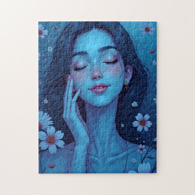Blue Anime Meditation Blommigt Woman Pussel (Vertikal)