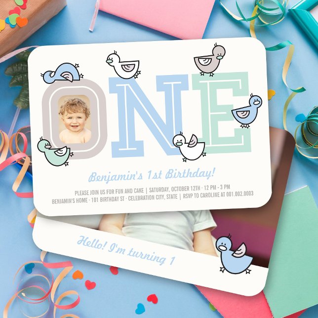 Blue Ankor Big One Boy's första födelsedagsfoto Pa Inbjudningar (Pastel Blue Cute Ducks Big One Boy's 1st Birthday Party Photo Invitation @ fatfatin_mini_me)