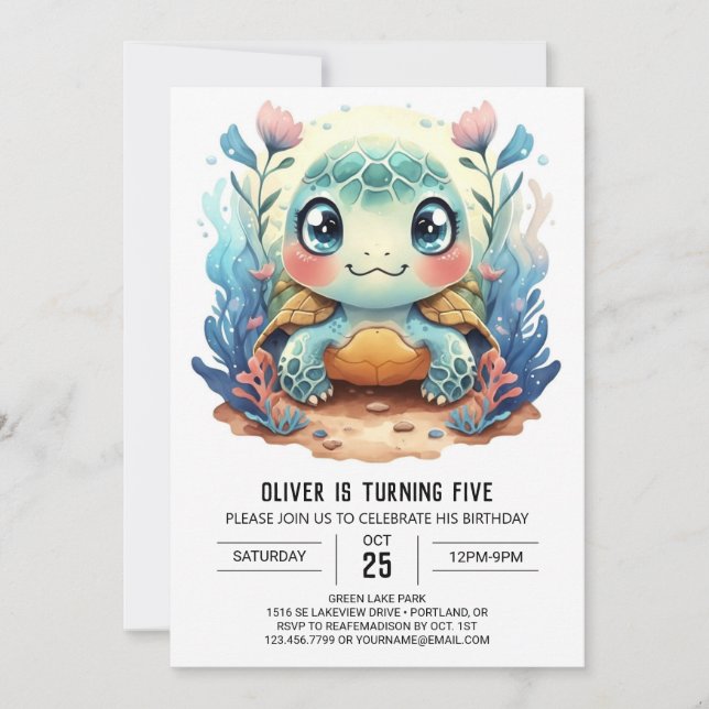 Blue Anpassningsbar Aquatic Turtle Boy Birthday Inbjudningar (Framsida)