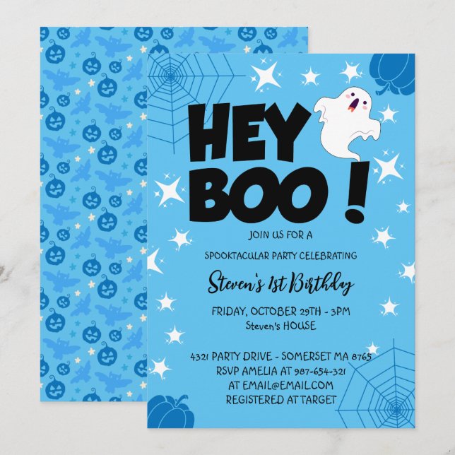 Blue Anpassningsbar Halloween 1:a födelsedagen par Inbjudningar (Fram/baksida)