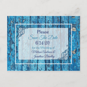 Blue Antique Weasted Wood Bröllop spara datum Meddelande Vykort