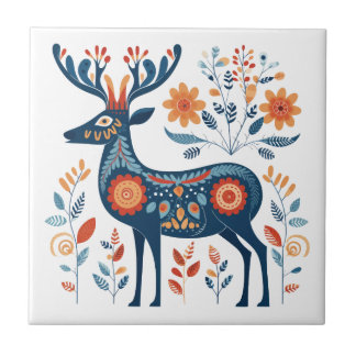 Blue Antler Hjort Scandinavian Folk Art Kakelplatta