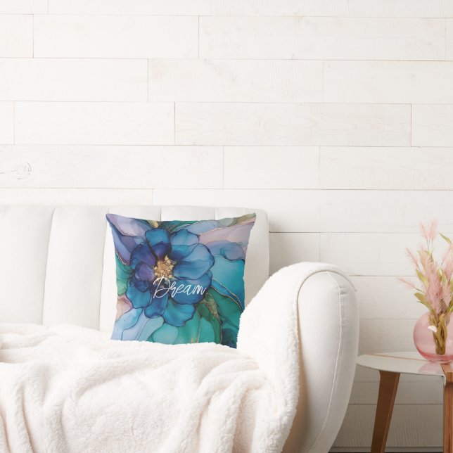 Blue Aqua Guld Blommigt Kudde (Soffa)
