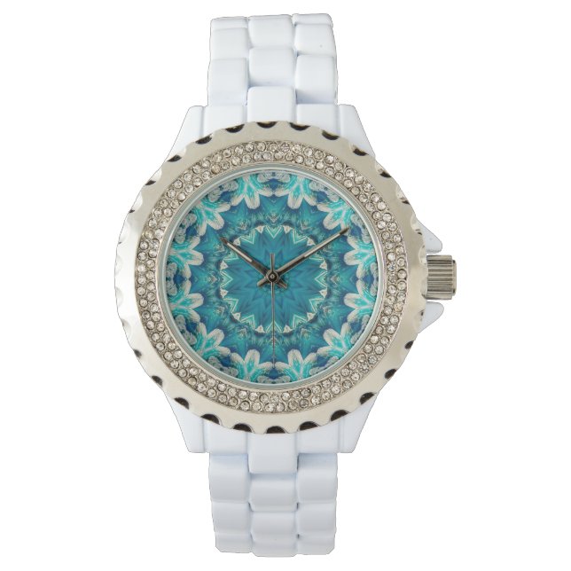 Blue Aqua Mandala Rosette Retro Hippie Armbandsur (Framsida)