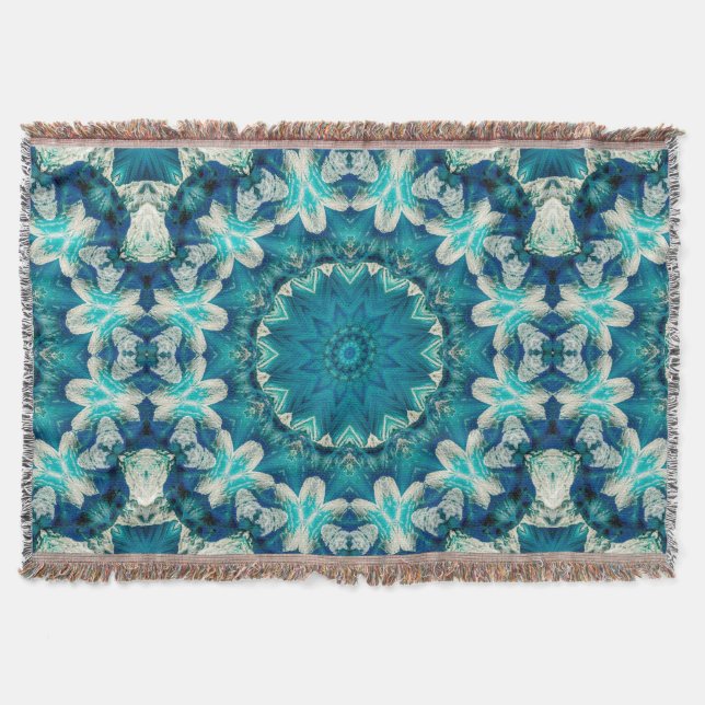 Blue Aqua Mandala Rosette Retro Hippie Filt (Framsidan)