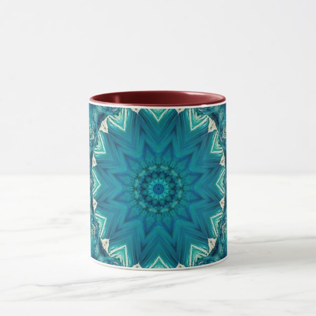 Blue Aqua Mandala Rosette Retro Hippie Mugg (Center)