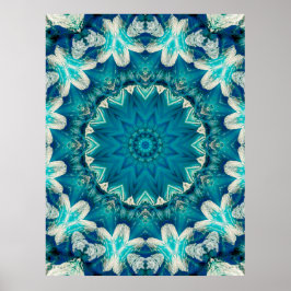 Blue Aqua Mandala Rosette Retro Hippie Poster