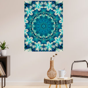 Blue Aqua Mandala Rosette Retro Hippie Poster