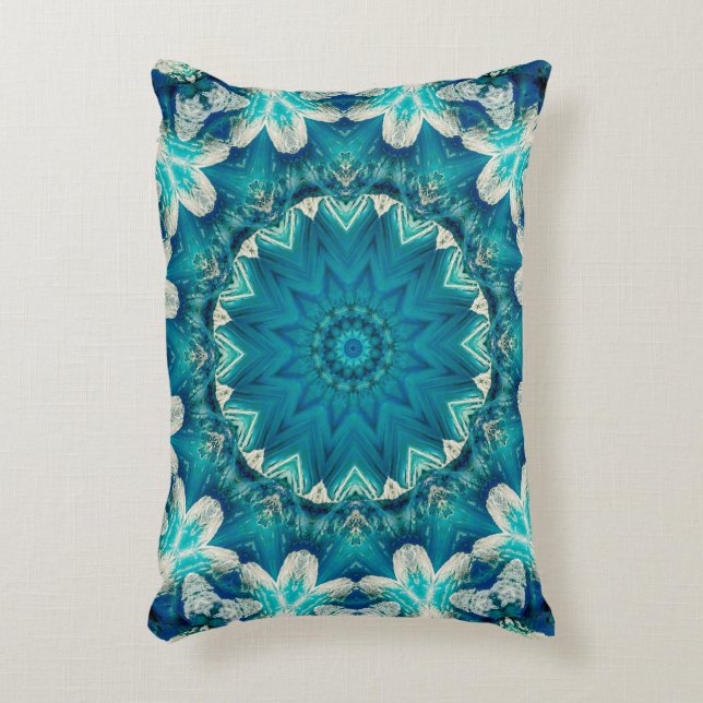 Blue Aqua Mandala Rosette Retro Hippie Prydnadskudde (Framsidan(Vertikal))