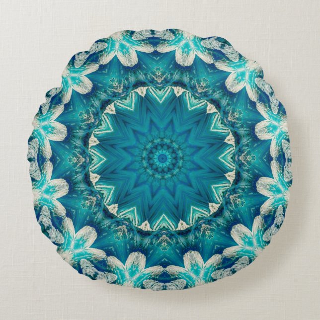 Blue Aqua Mandala Rosette Retro Hippie Rund Kudde (Framsidan)