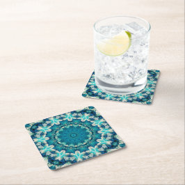 Blue Aqua Mandala Rosette Retro Hippie Underlägg Papper Kvadrat