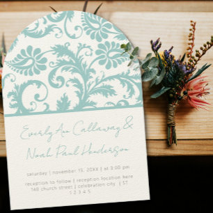 Blue Aqua Mint Grönt Victorian Damask Wedding Inbjudningar
