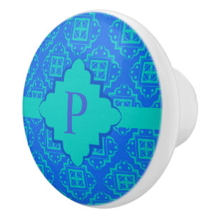 Blue Aqua Monogram Arabesque Moroccan Graphic Knopp