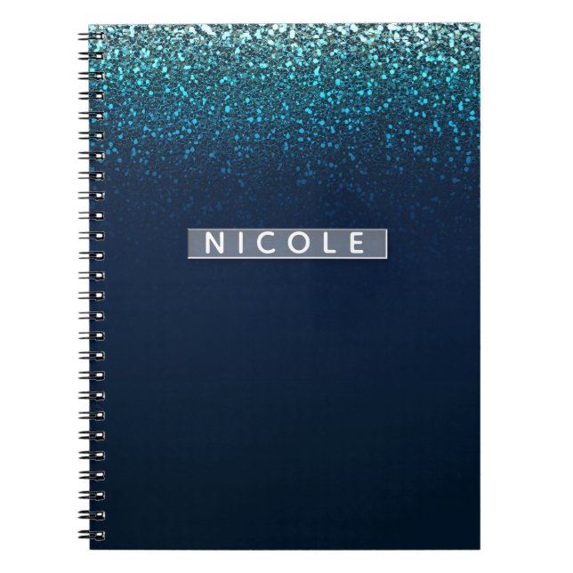 Blue Aqua Navy Glitter Gnistra Modern Girly Glam Anteckningsbok (Framsidan)