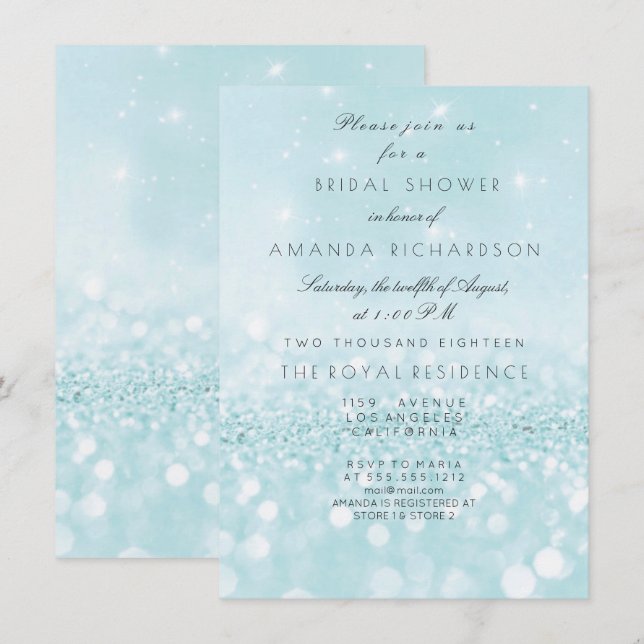 Blue Aqua Pastel Sparkly Glitter Möhippa Inbjudningar (Fram/baksida)