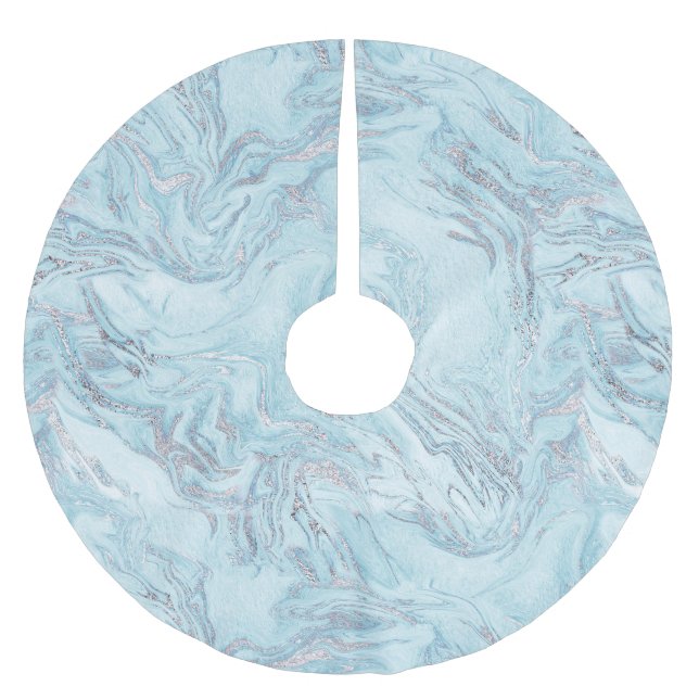 Blue Aqua Silver Marble Swirls jul Julgransmatta Borstad Polyester (Framsidan)