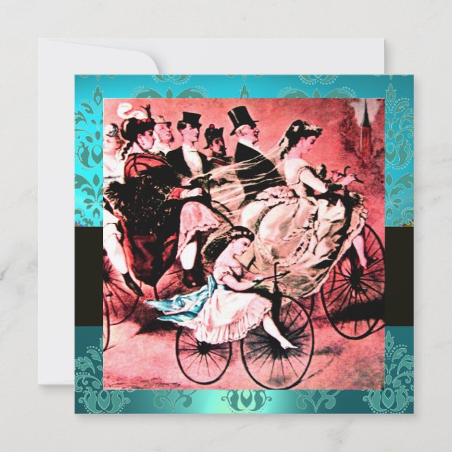 BLUE AQUAMARINE DAMASK BEACH WEDDING MONOGRAM INBJUDNINGAR (Framsida)