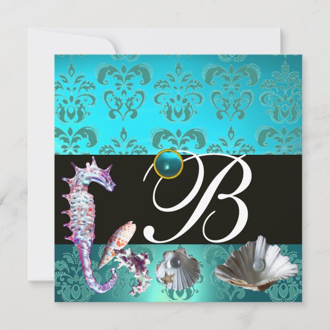 BLUE AQUAMARINE DAMASK BEACH WEDDING MONOGRAM INBJUDNINGAR (Framsida)